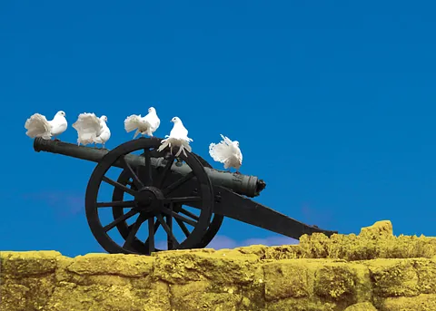 Friedenstauben auf dem Rohr einer Kanone