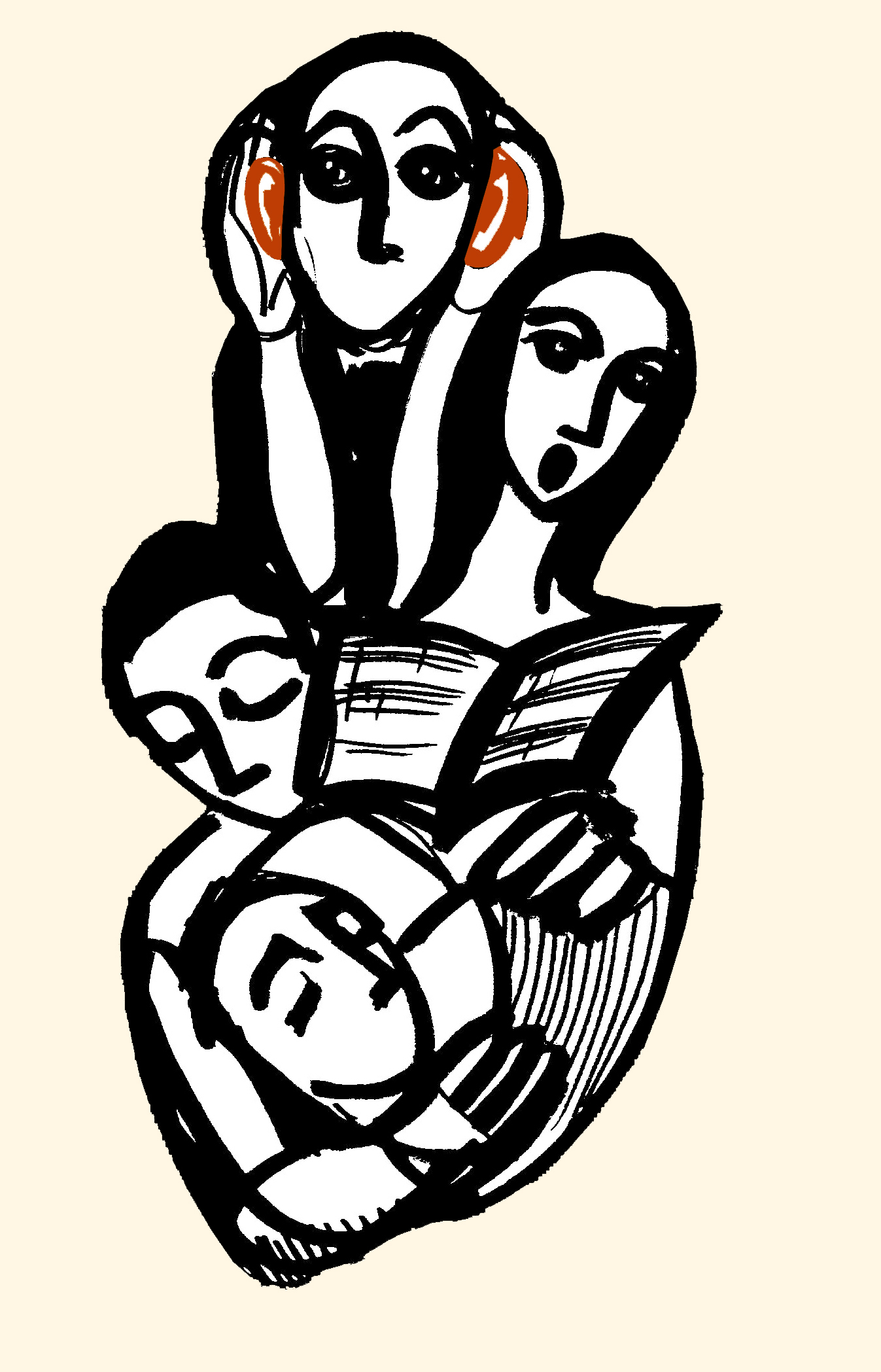 Grafik mit 4 Personen, eine davon hält die Ohren zum Zuhören